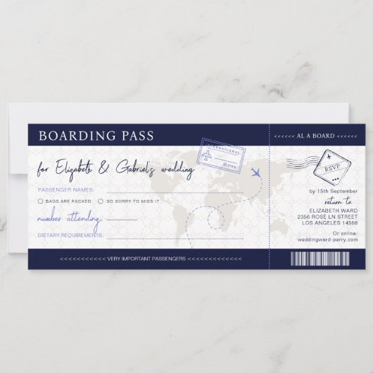 Blue Boarding Pass Bestemming Bruiloft Kaart (Voorkant)