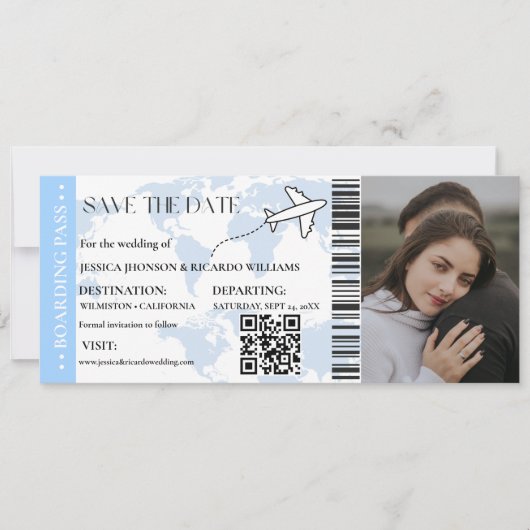 Blue Boarding pass Modern bewaar het datumticket Save The Date (Voorkant)