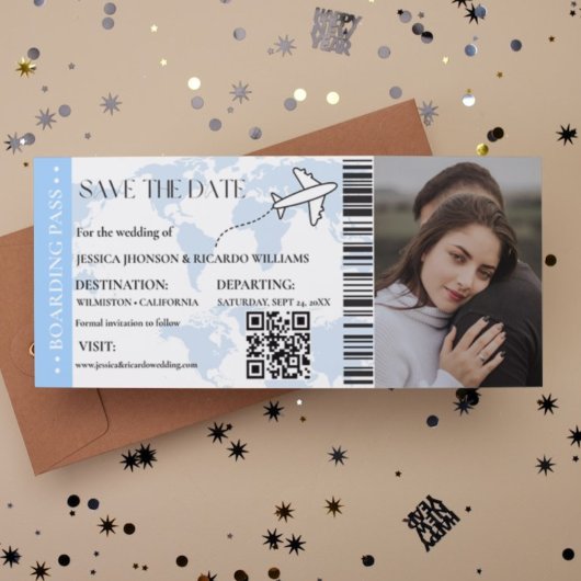 Blue Boarding pass Modern bewaar het datumticket Save The Date