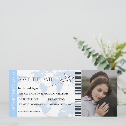 Blue Boarding pass monogram opslaan van de datum t Save The Date (Staand voorkant)