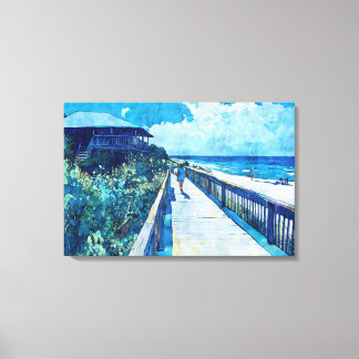 Blue Boardwalk Stroll Beach Waterverf Canvas