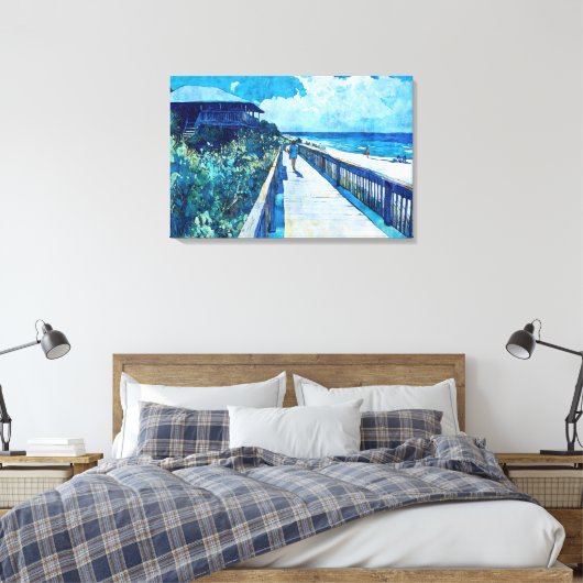 Blue Boardwalk Stroll Beach Waterverf Canvas (Insitu (Slaapkamer))