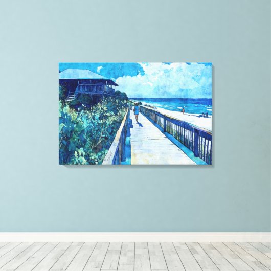 Blue Boardwalk Stroll Beach Waterverf Canvas (Insitu (Houten vloer))