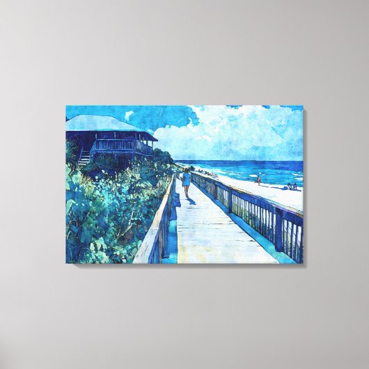 Blue Boardwalk Stroll Beach Waterverf Canvas Afdruk (Voorkant)
