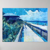 Blue Boardwalk Stroll Beach Waterverf Poster (Voorkant)