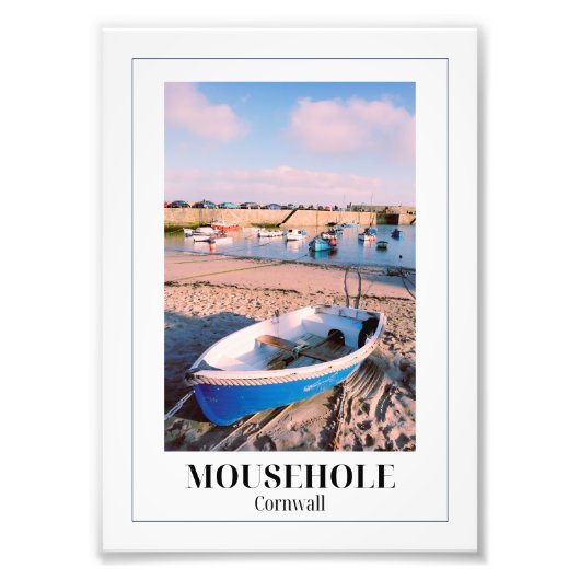 Blue Boat, Mousehole Harbour, Cornwall Foto Afdruk (Voorkant)