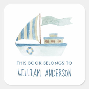 Blue Boat Nautical Boys Persoonlijke School Vierkante Sticker
