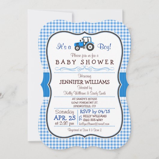 Blue Boerderij Tractor Boy Baby shower Invitation Kaart (Voorkant)