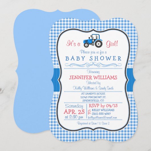 Blue Boerderij Tractor, Country Girl Baby shower Kaart (Voorkant / Achterkant)