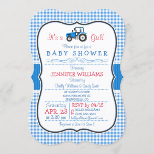 Blue Boerderij Tractor, Country Girl Baby shower Kaart