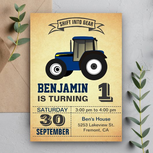 Blue Boerderij Tractor First Birthday Party Invita Kaart