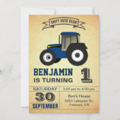 Blue Boerderij Tractor First Birthday Party Invita Kaart (Voorkant)