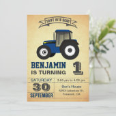 Blue Boerderij Tractor First Birthday Party Invita Kaart (Staand voorkant)