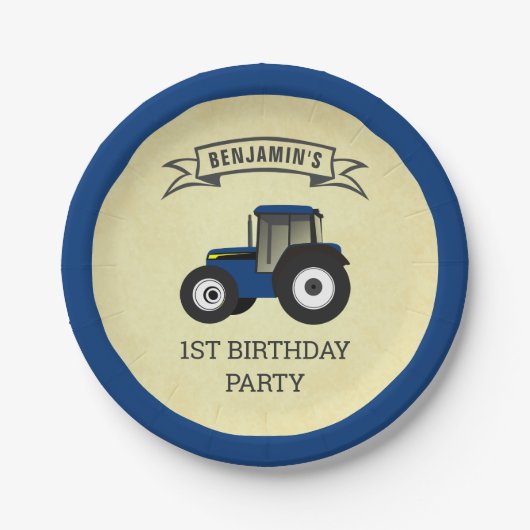 Blue Boerderij Tractor Kids Birthday Party Papieren Bordje (Voorkant)