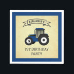 Blue Boerderij Tractor Kids Birthday Party Servet<br><div class="desc">Dit ontwerp is voorzien van een schattig blauw boerderij tractor met moderne typografie op een  perkamentachtergrond.</div>