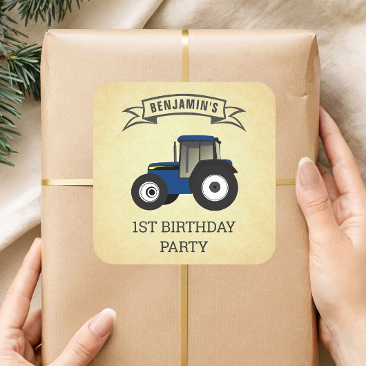 Blue Boerderij Tractor Kids Birthday Party Vierkante Sticker