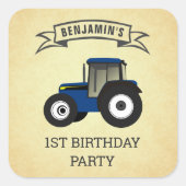 Blue Boerderij Tractor Kids Birthday Party Vierkante Sticker (Voorkant)