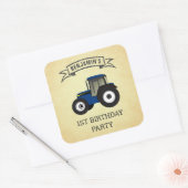Blue Boerderij Tractor Kids Birthday Party Vierkante Sticker (Envelop)