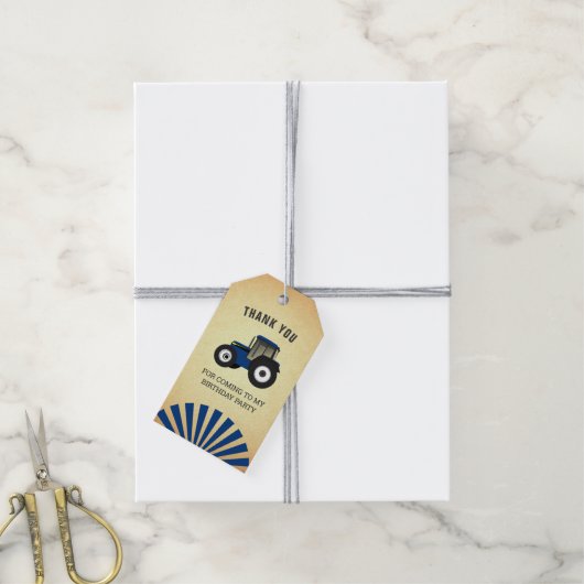 Blue Boerderij Tractor Kids Verjaardagsfeestje Dan Cadeaulabel (Met Touw)