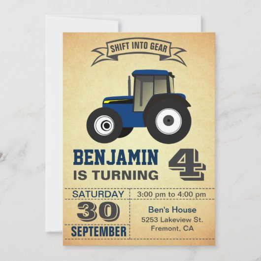 Blue Boerderij Tractor Kids Verjaardagsfeestuitnod Kaart (Voorkant)