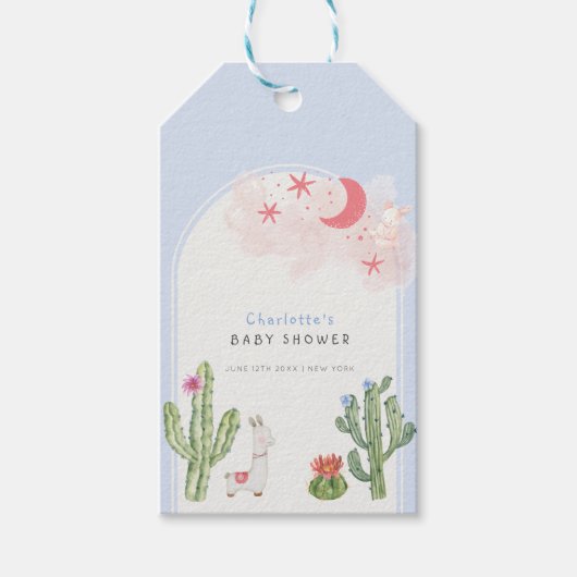 Blue Boho Arch Cactus Speelgoed Jongen Baby shower Cadeaulabel (Voorkant)