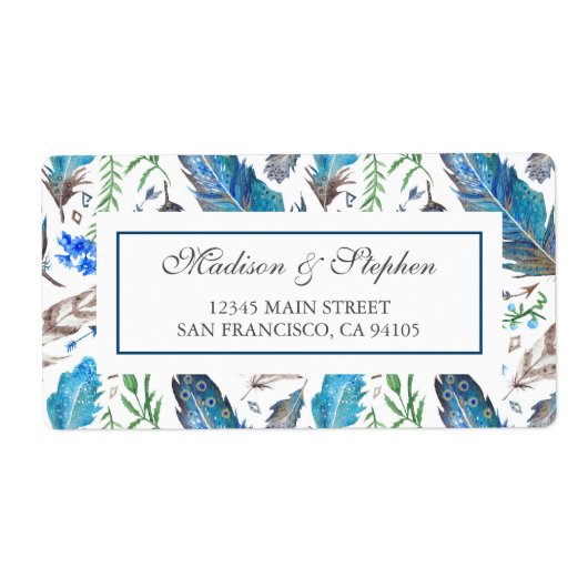 Blue Boho Aztec Waterverf - Bruiloft Etiket (Voorkant)