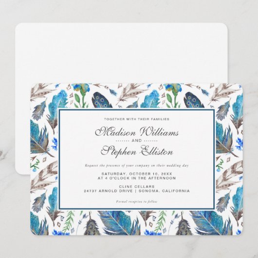 Blue Boho Aztec Waterverf - Bruiloft Kaart (Voorkant / Achterkant)