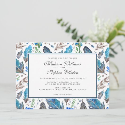 Blue Boho Aztec Waterverf - Bruiloft Kaart (Staand voorkant)