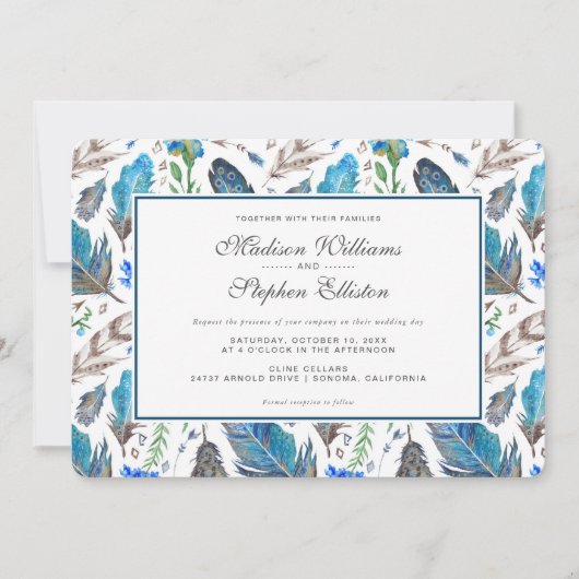 Blue Boho Aztec Waterverf - Bruiloft Kaart (Voorkant)