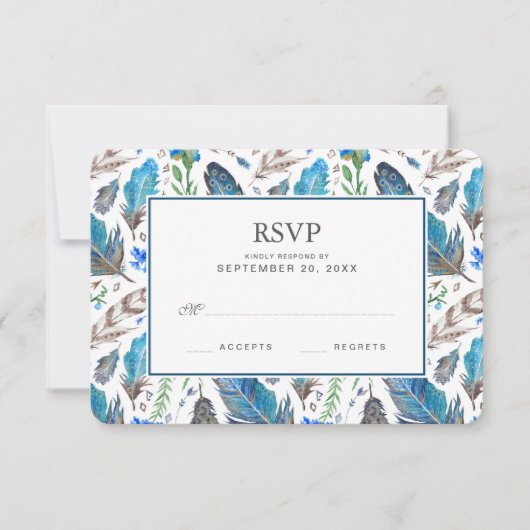 Blue Boho Aztec Waterverf - Wedding RSVP Kaartje (Voorkant)