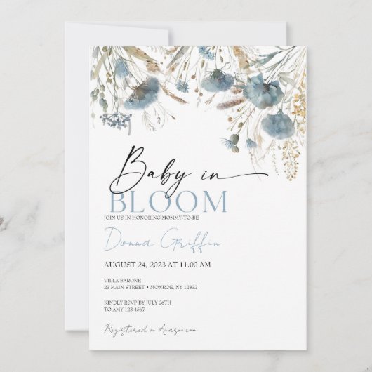 Blue Boho Baby in bloei uitnodiging (Voorkant)