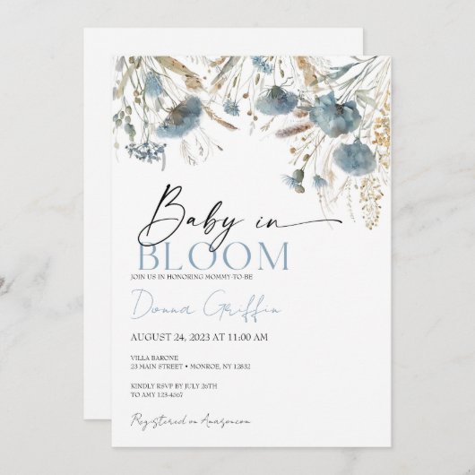 Blue Boho Baby in bloei uitnodiging (Voorkant / Achterkant)