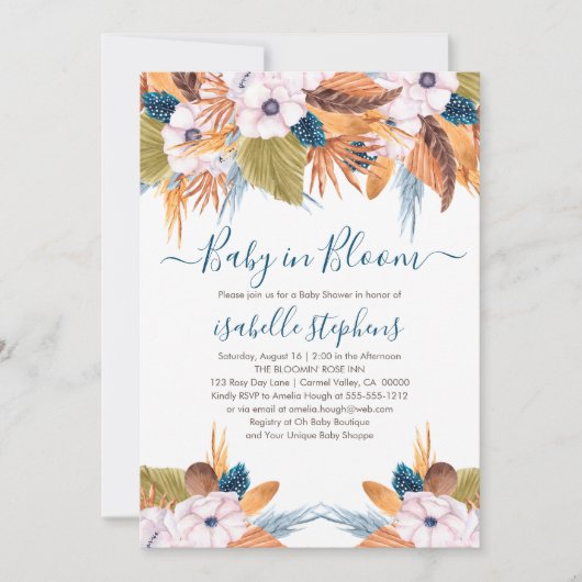 Blue Boho Baby in Bloom Pampas Grass Baby shower Kaart (Voorkant)