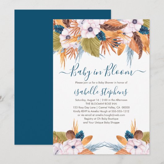 Blue Boho Baby in Bloom Pampas Grass Baby shower Kaart (Voorkant / Achterkant)