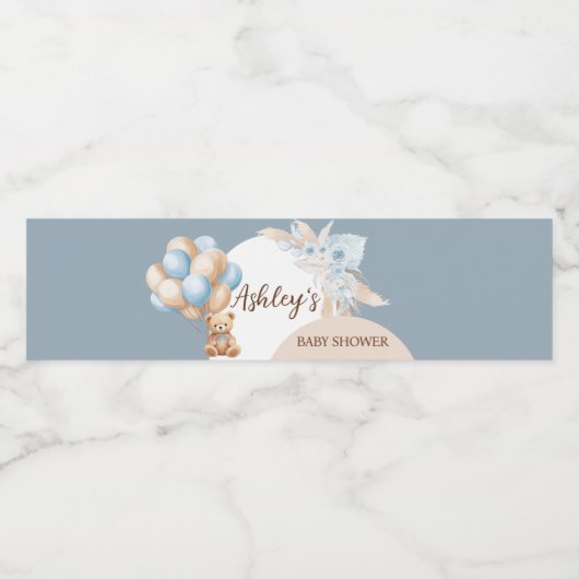Blue Boho Beer Balloon Baby shower Waterfles Etiket (Enkel label)