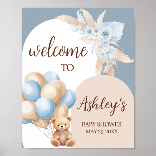 Blue Boho Beer Balloon Baby shower Welkom Poster (Voorkant)