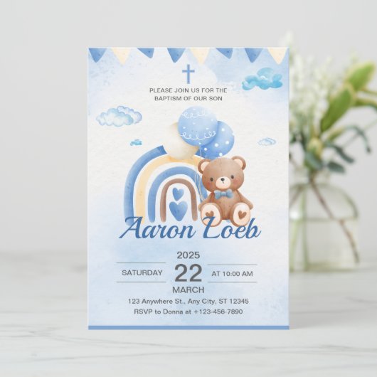 Blue Boho Beer Balloon Safari Doopuitnodiging Kaart (Staand voorkant)