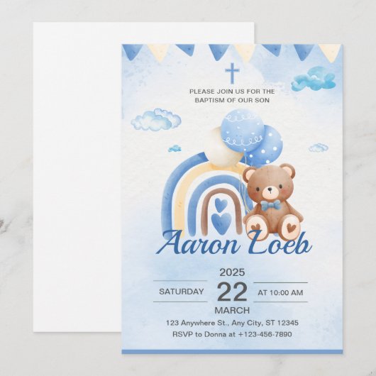 Blue Boho Beer Balloon Safari Doopuitnodiging Kaart (Voorkant / Achterkant)