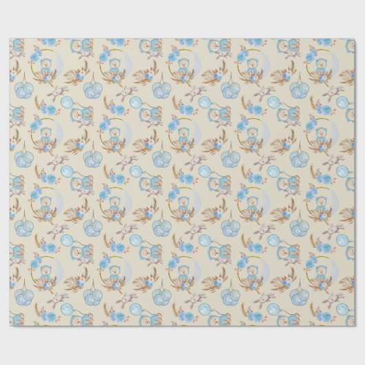 Blue Boho Beer Moon Bunny Cadeaupapier (Vlak)