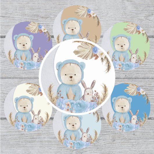 Blue Boho Beer Moon Bunny Floral Ronde Sticker