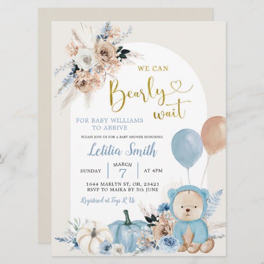 Blue Boho Beer Pumpkin Boy Baby shower Uitnodiging (Voorkant / Achterkant)