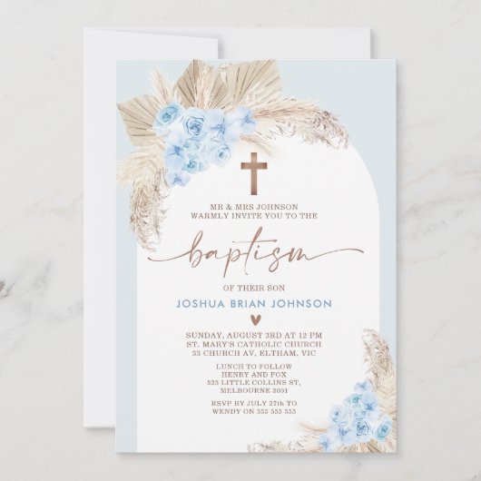 Blue Boho Bloemenboog Jongens Doop Uitnodiging (Voorkant)