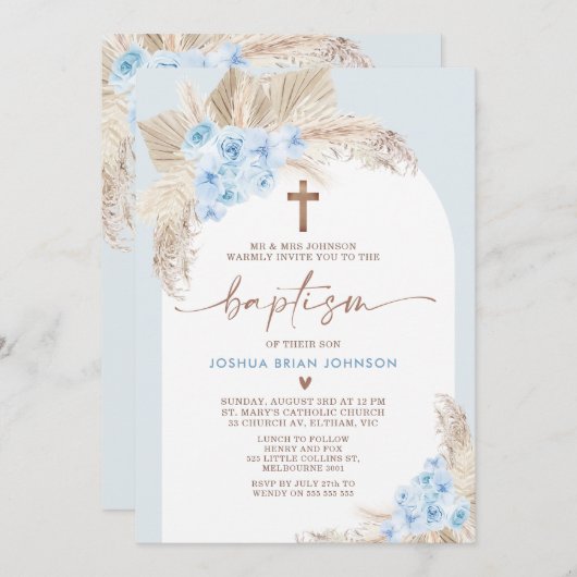 Blue Boho Bloemenboog Jongens Doop Uitnodiging (Voorkant / Achterkant)