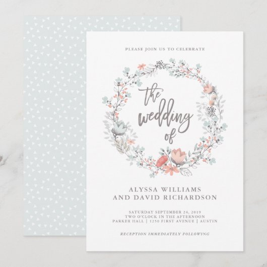 Blue Boho Botanical Wedding Invitation Kaart (Voorkant / Achterkant)