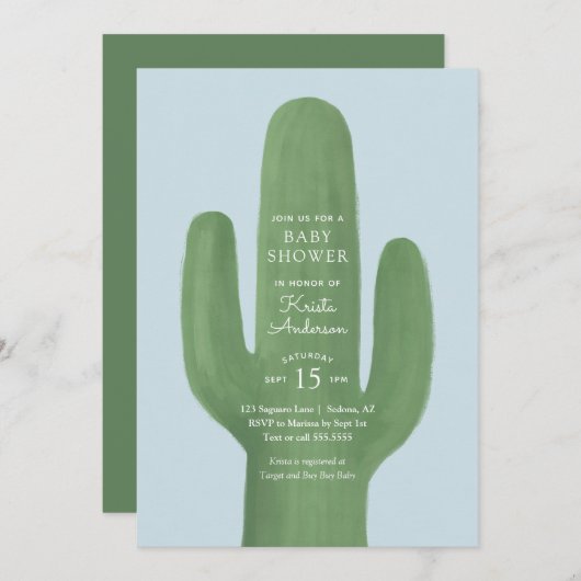 Blue Boho Cactus Boy Baby shower Invitation Kaart (Voorkant / Achterkant)