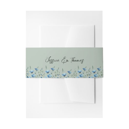 Blue Boho Chic Wildflowers Sage Green Wedding Uitnodigingen Wikkel (Voorkant Voorbeeld)