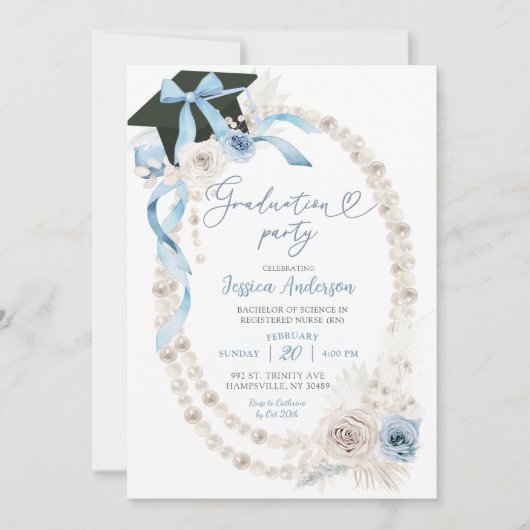 Blue Boho Coquette Bow Pearl Graduation Party Kaart (Voorkant)