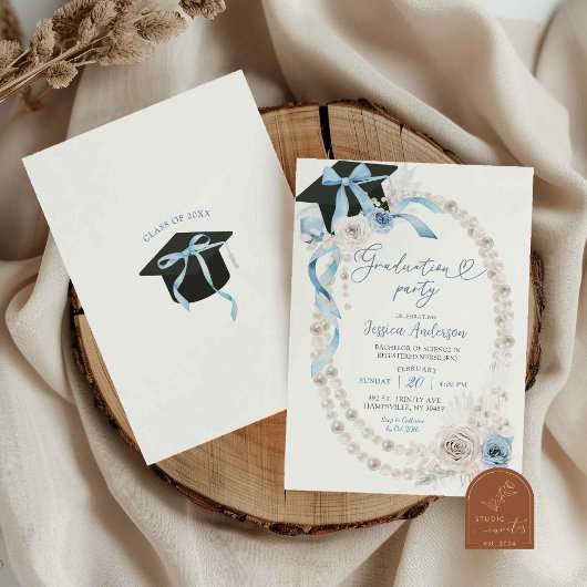 Blue Boho Coquette Bow Pearl Graduation Party Kaart