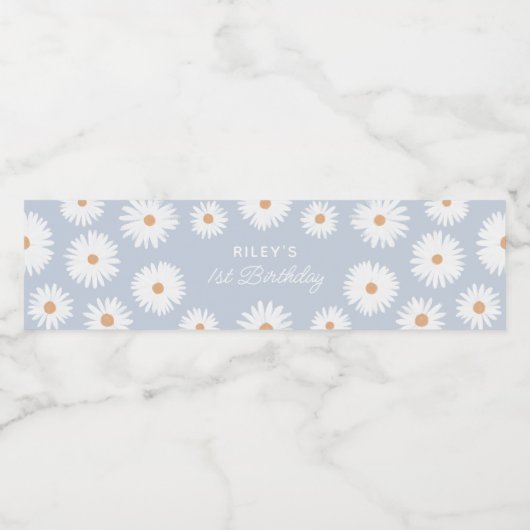 Blue Boho Daisy Birthday Party Waterfles Etiket (Enkel label)