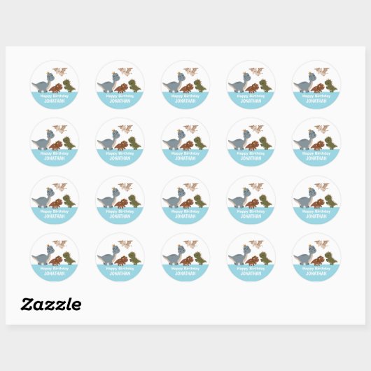 Blue Boho Dinosaurus Verjaardagsfeest Ronde Sticker (Vel)